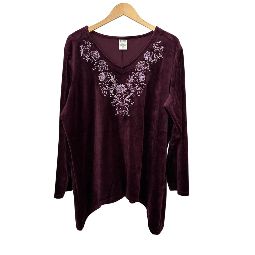 BLAIR Womens‎ 2XL Velour Velvet Tunic Top Dark Purple Fairy V Neck Floral Boho